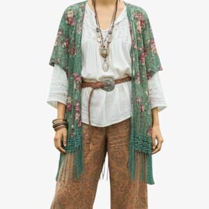 Sweet Rain Sage Green Boho Floral Lace Kimono Mesh Coverup Fringe Shawl Sz M
